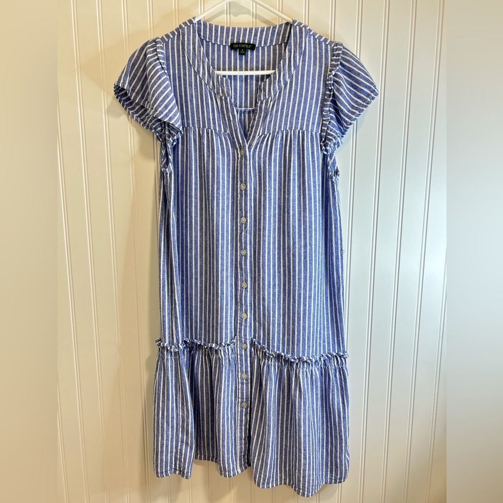 For Cynthia Striped Blue Midi Dress size S.55% LINEN 45% VISCOSE